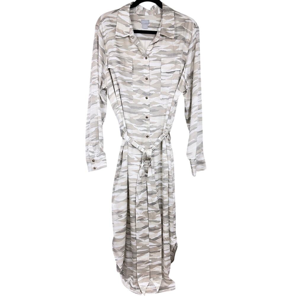 Chico’s Camo Artsy Lagenlook Utility Boho Midi Shirt Dress Self Tie Belt 16/18